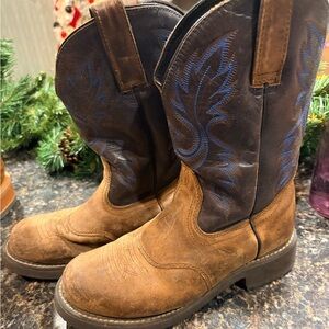 Brown Leather Cowboy Boots with Blue Stitching